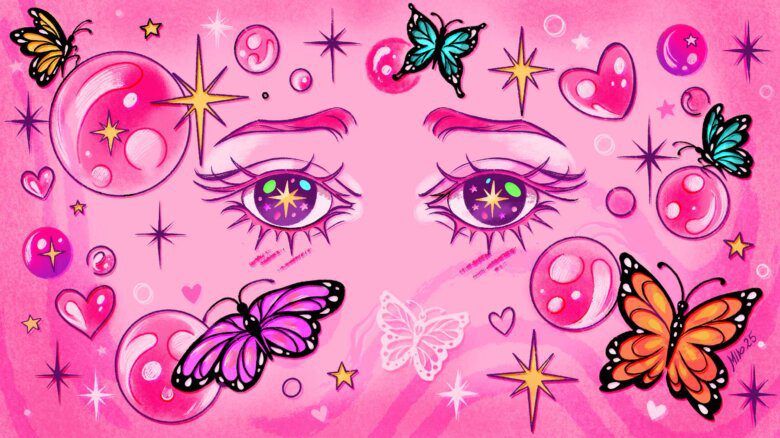 A pair of eyes with a pink background and butterflies