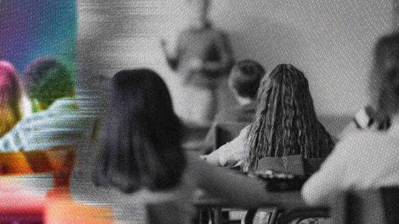A blurred and filtered image of a teacher in front of a class of students at their desks