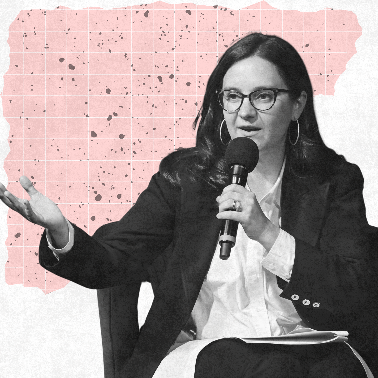A black-and-white image of Bari Weiss speaking into a microphone against an abstract pink and white background