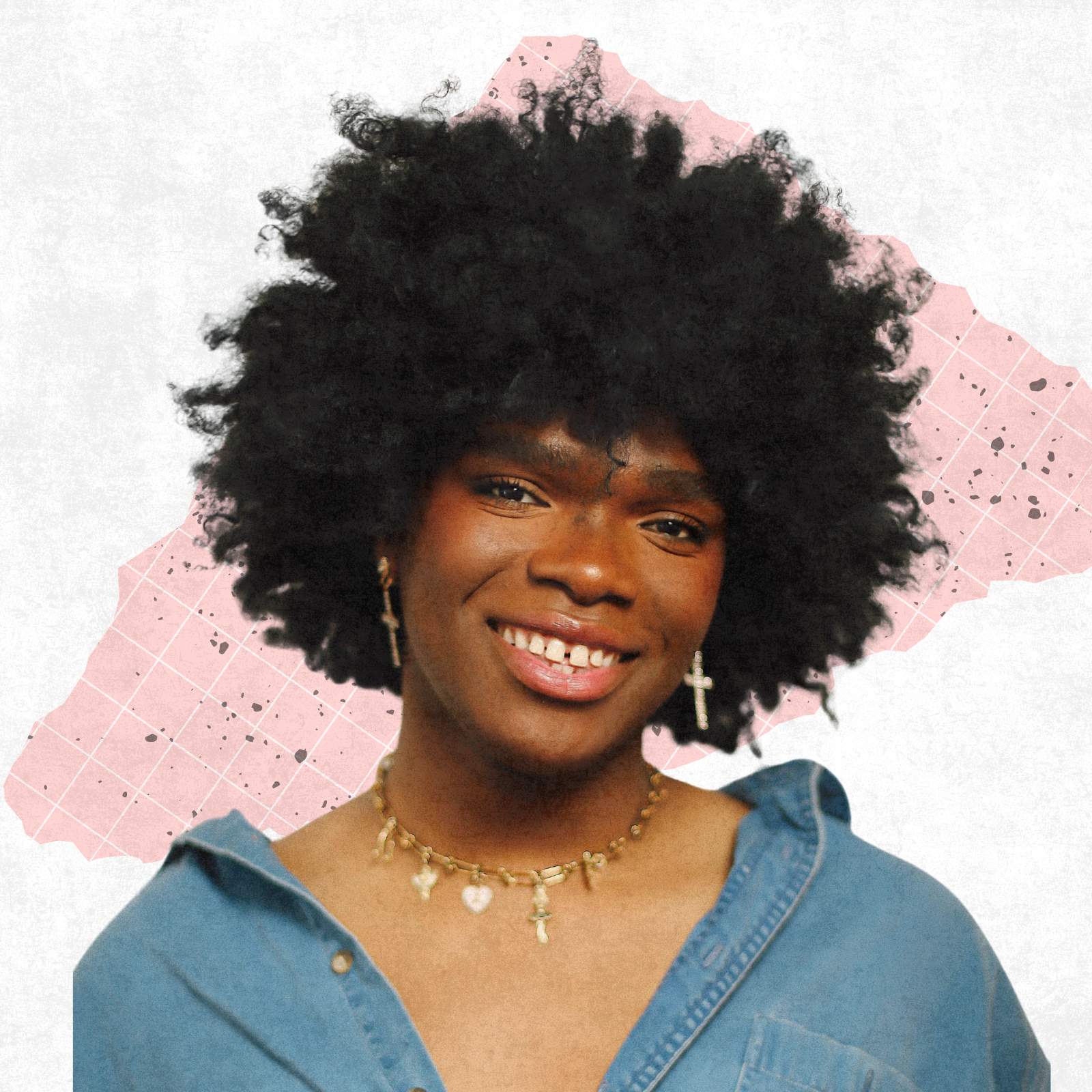 Anania smiling against an abstract pink and white background