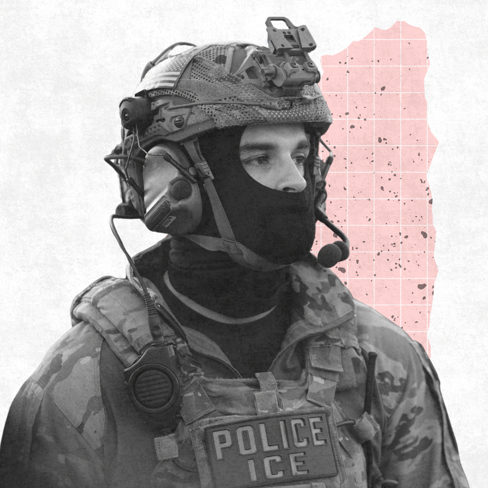 A black-and-white image of an ICE officer against an abstract pink and white background