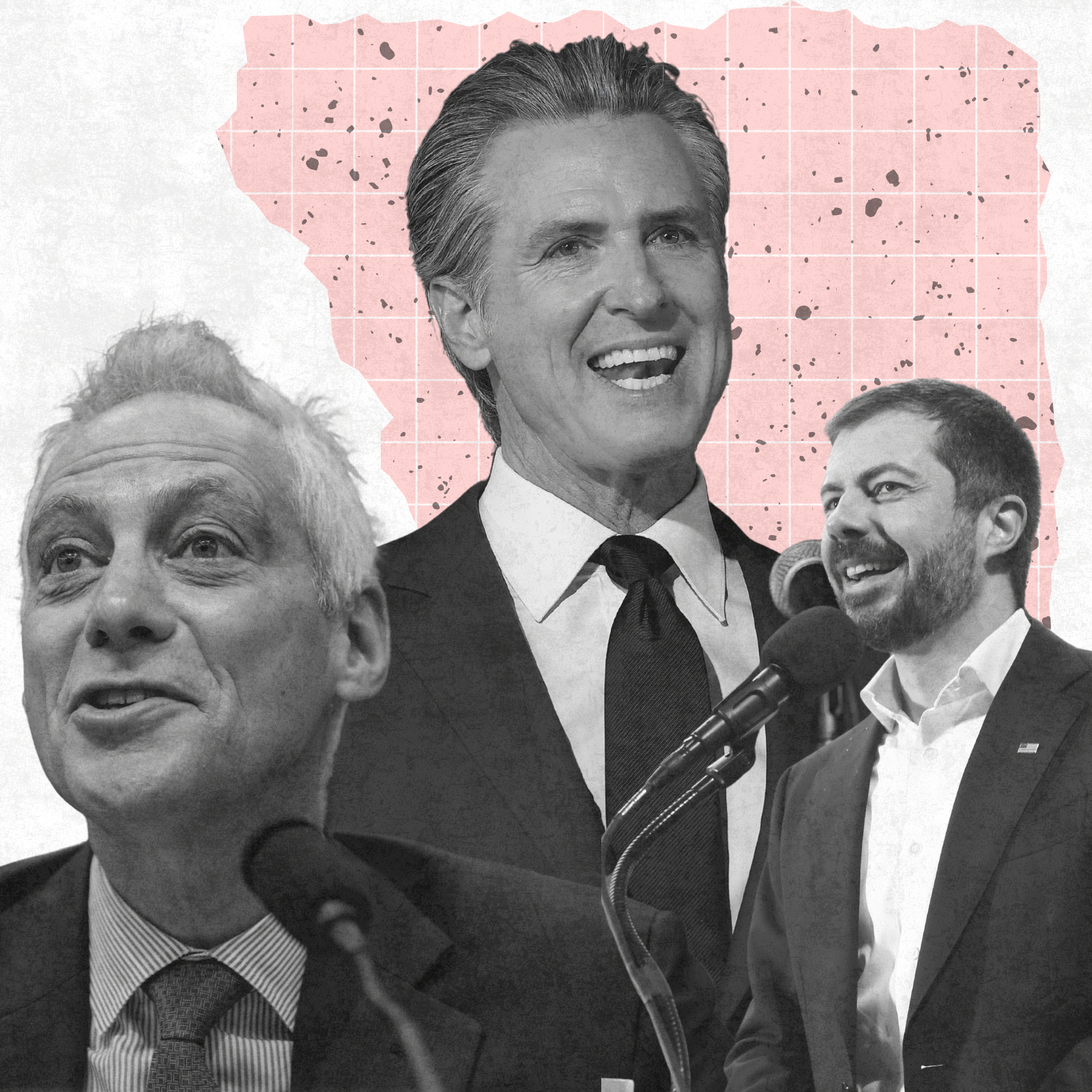 Black-and-white images of Gavin Newsom, Rahm Emanuel and Pete Buttigieg speaking into microphones against an abstract pink and white background
