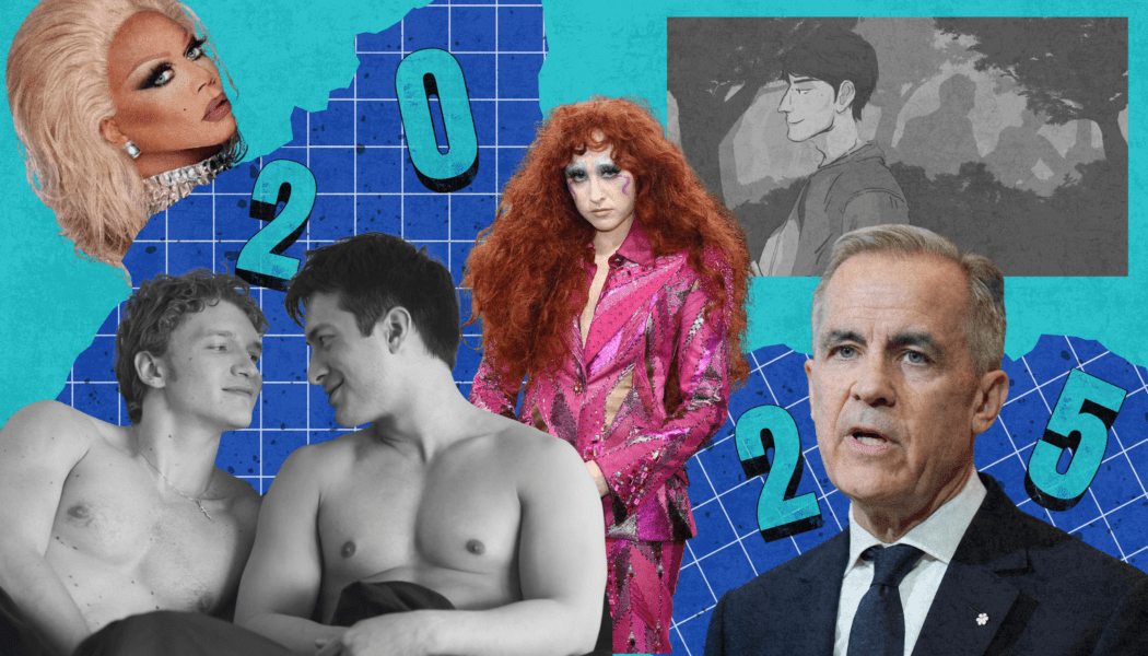 A collage of images including a still from Heated Rivalry, Mark Carney, Chappell Roan, RuPaul and a illustration of a person going into a park. The numbers "2025" appear around the images.