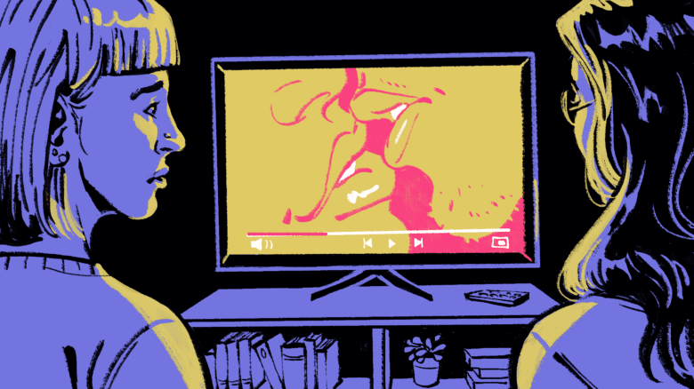 Illustration of two people watching a movie. The screen shows a close-up of a kiss. One person looks at the other uncomfortably; the other faces the screen.